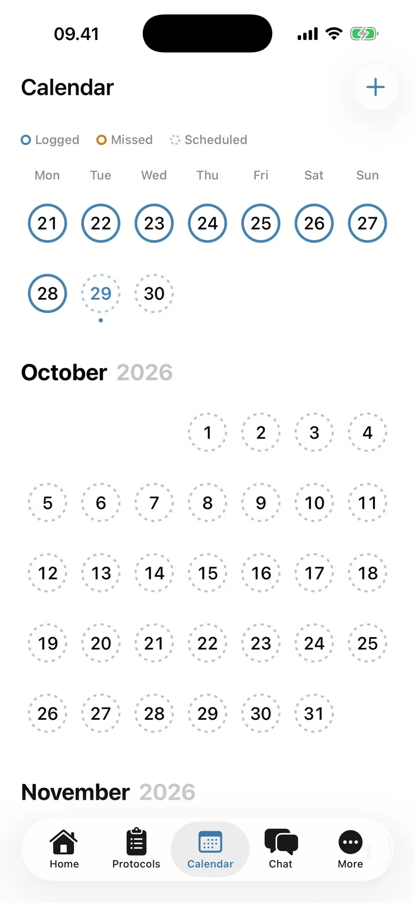 PepNote Calendar with blue day rings and a monthly view. Example data.