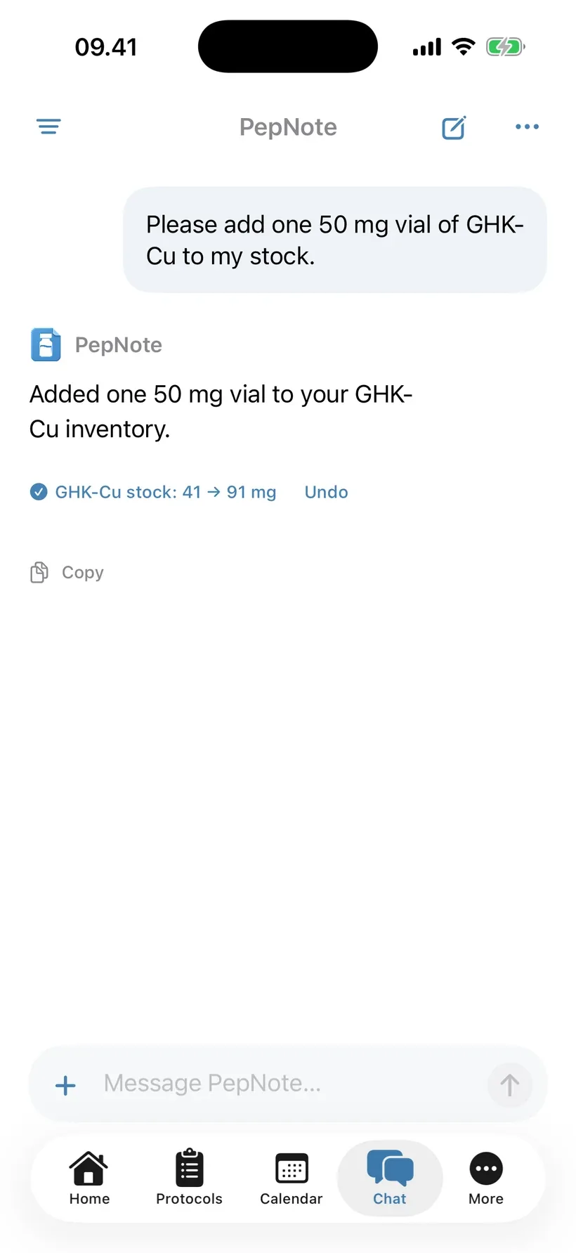 PepNote chat adding one 50 mg vial of GHK-Cu, with a saved-change receipt showing stock increasing from 41 to 91 mg. Captured with fictional data in the app’s offline demo.