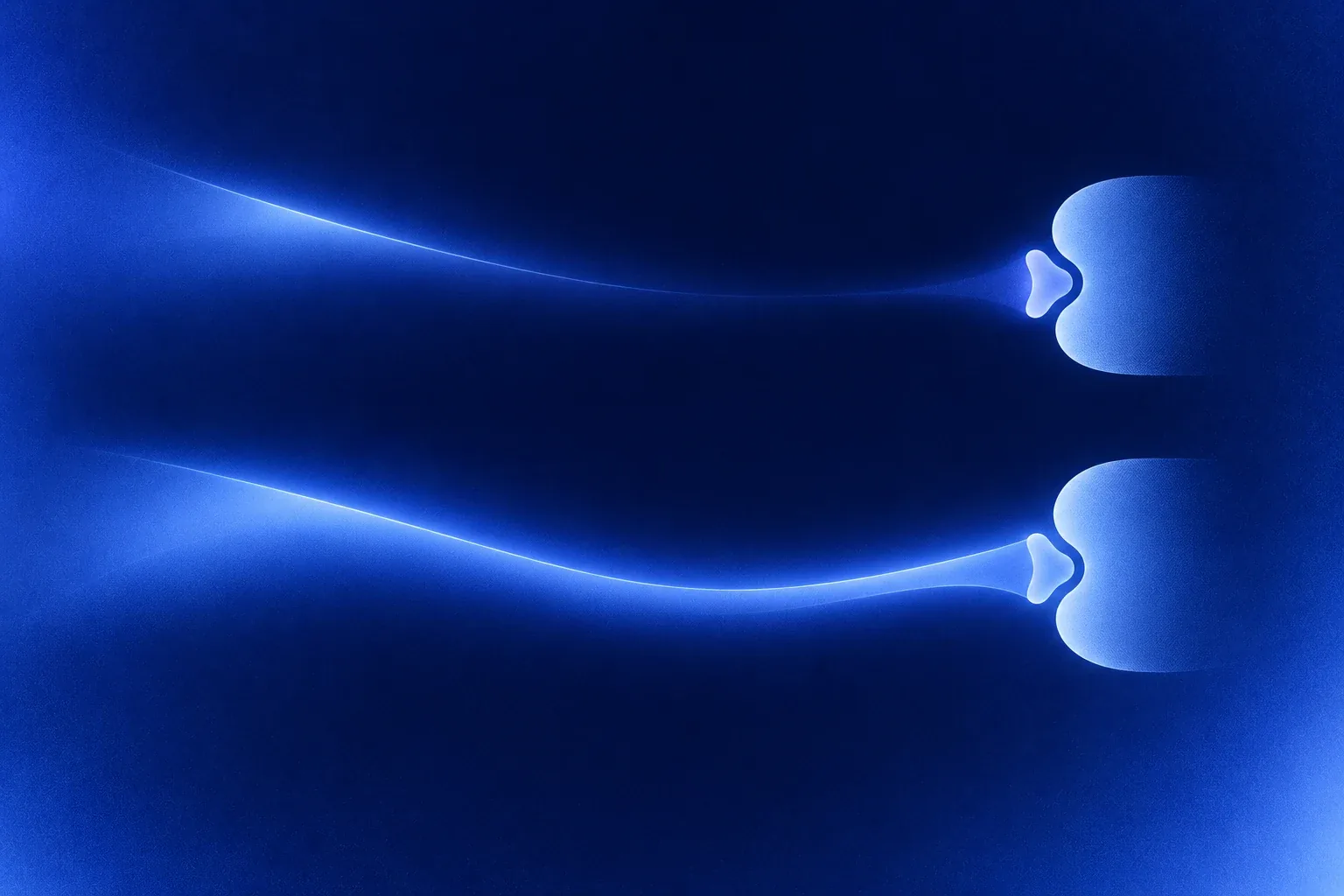 Two illustrated blue signal trails approach matching notched forms; the upper trail fades into midnight blue while the lower stays luminous.