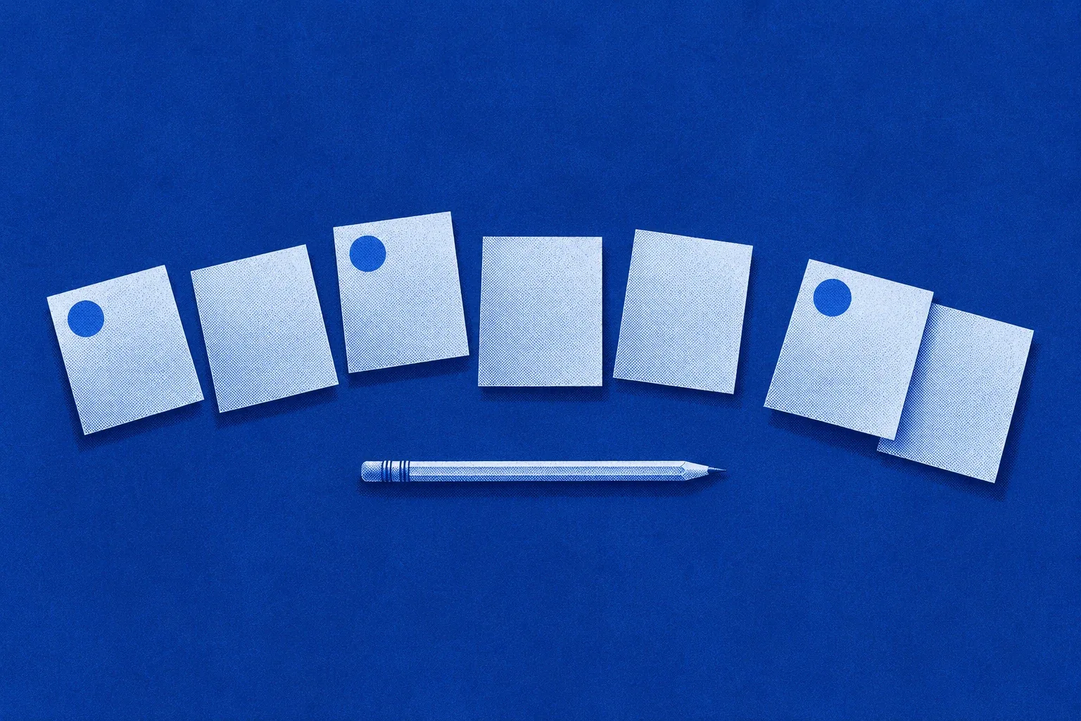 Seven pale note cards and a pencil arranged on a cobalt background, an abstract illustration of dated notes.
