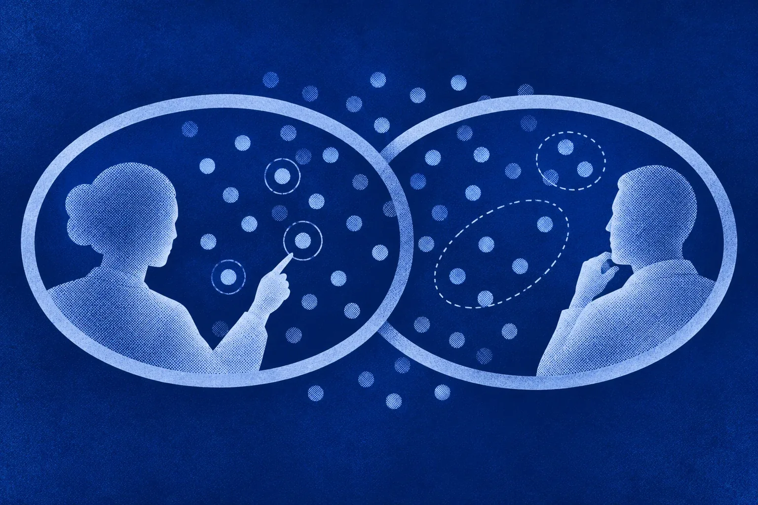 Two pale blue figures looking at circular marks through overlapping oval frames on a cobalt halftone background.