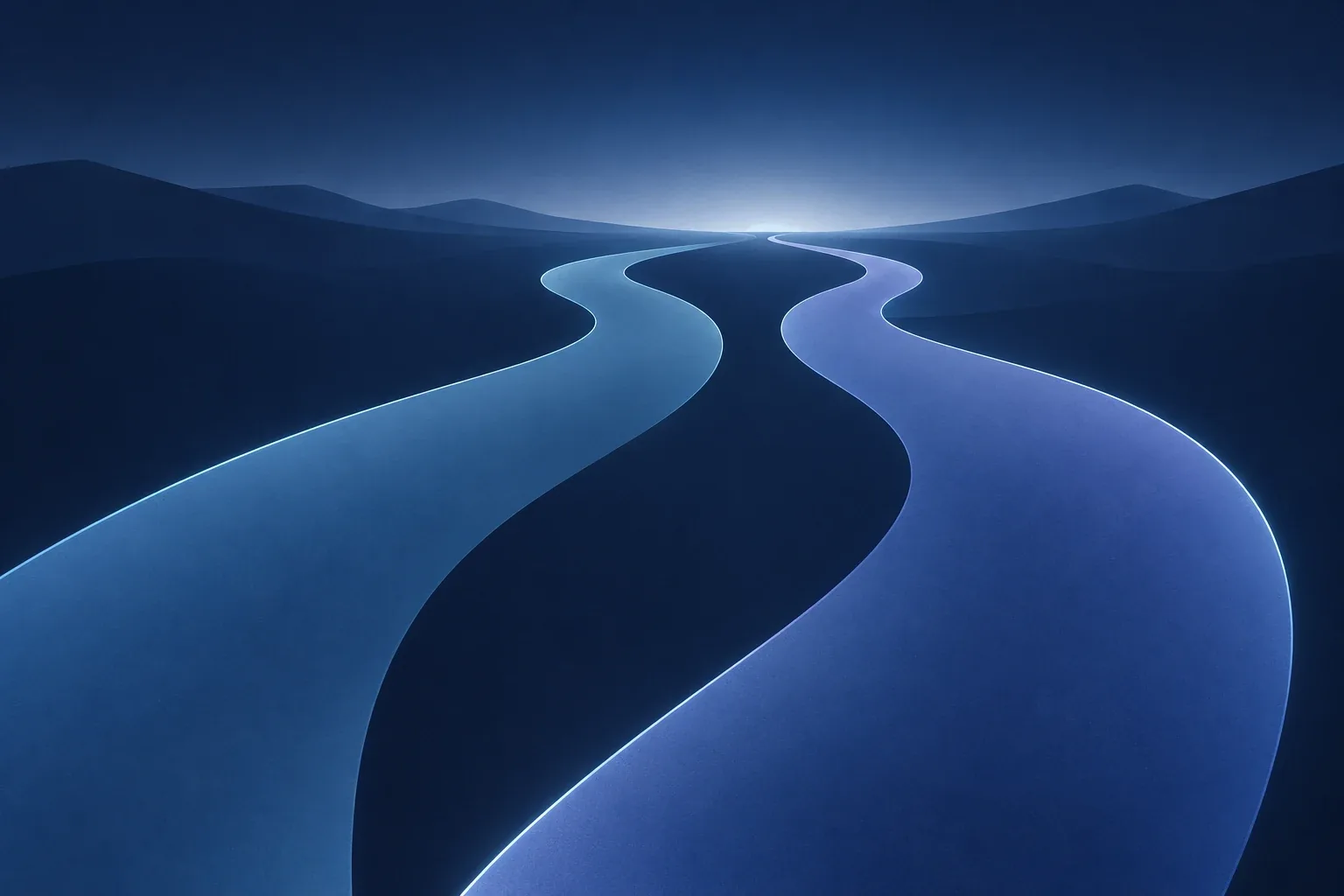 Two blue ribbon paths curve toward a shared horizon against midnight navy, a conceptual comparison of treatment paths.