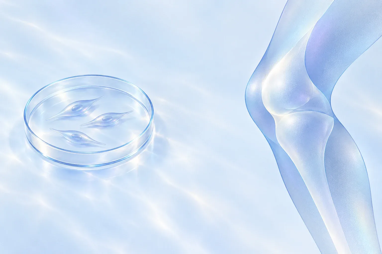 Three cell-like forms in a dish sit apart from an abstract knee, illustrating the gap between laboratory and human research.