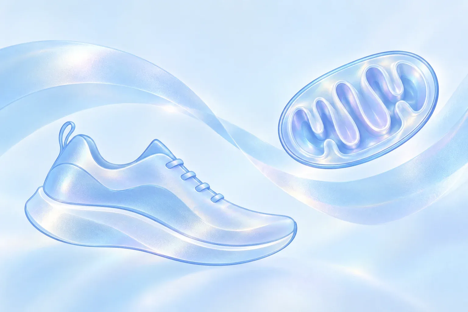 A pearlescent running shoe beside a folded oval form, a conceptual illustration connecting exercise and mitochondrial signaling.