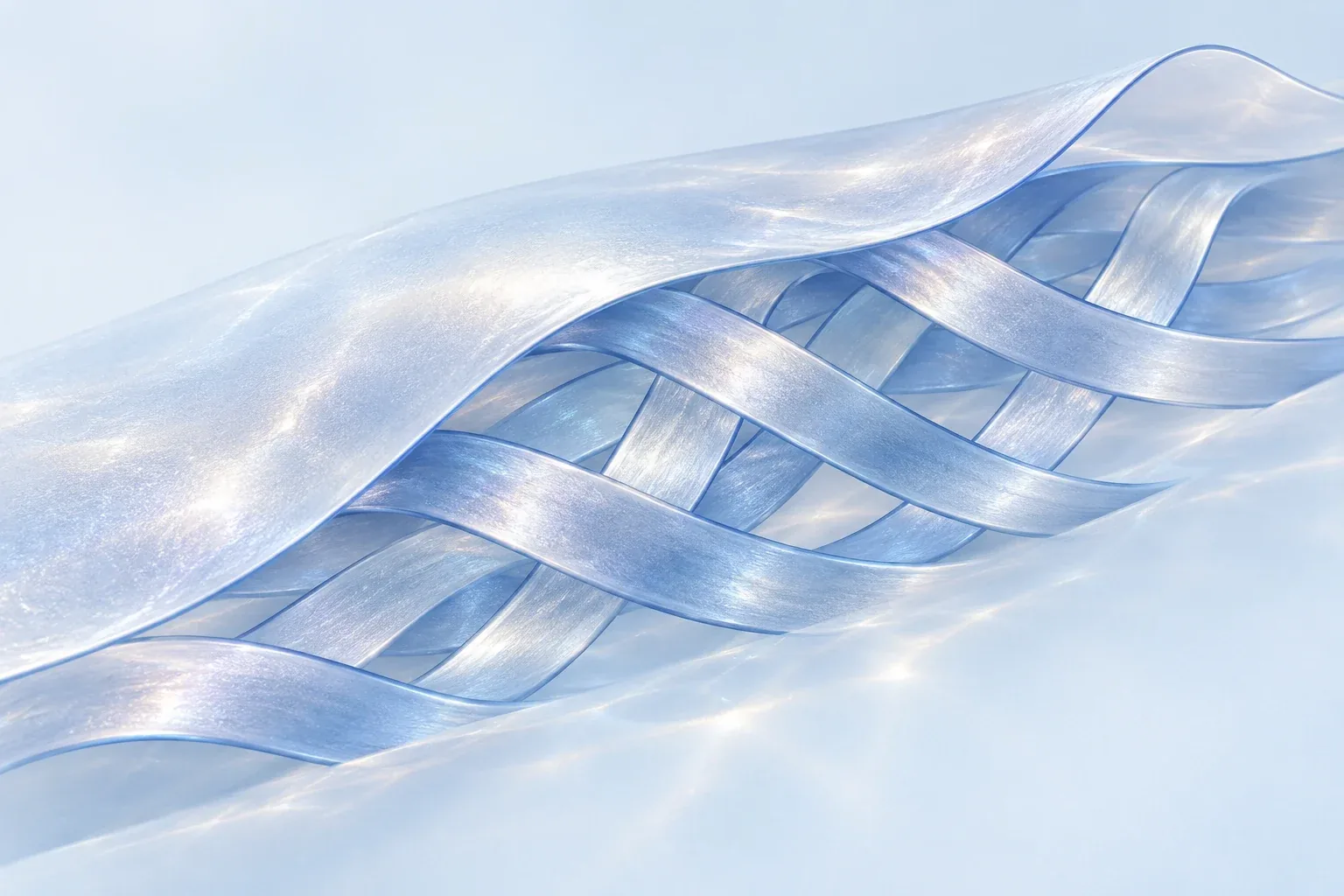 An abstract pearlescent surface lifts to reveal interwoven blue and silver ribbons, a conceptual illustration of skin’s supporting structure.