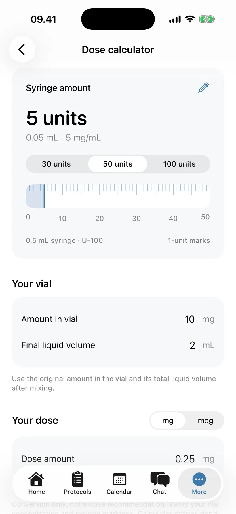 PepNote Dose calculator converting an entered 0.25 mg dose, with 10 mg in 2 mL, to 0.05 mL and 5 U-100 units. Example data.