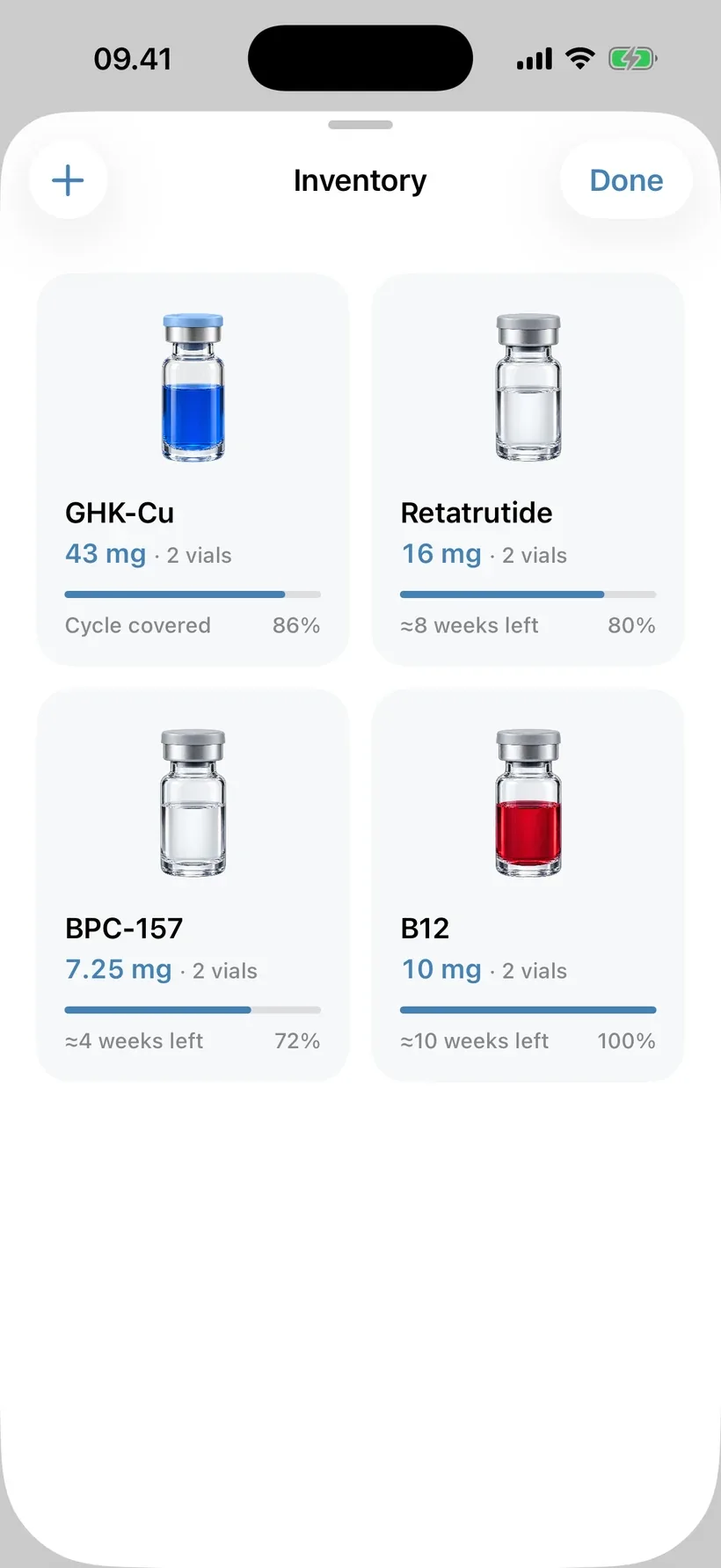 PepNote Inventory showing the blue GHK-Cu vial and remaining supply. Example data.