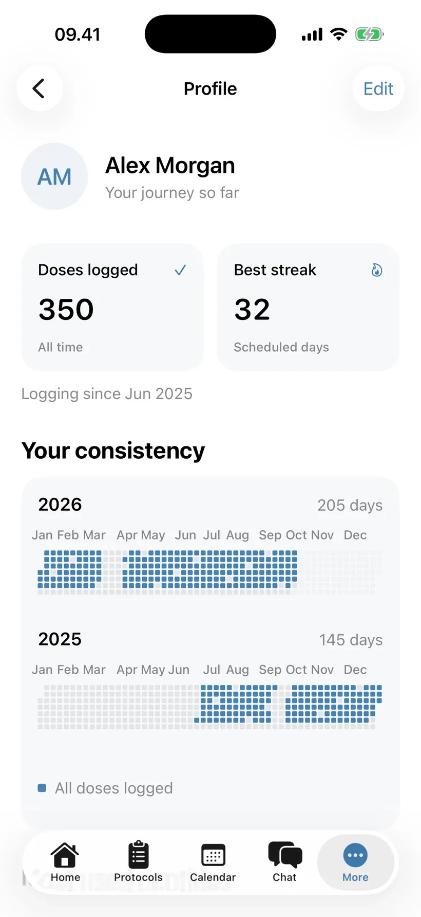 PepNote Profile with 350 logged doses, a 32-day best streak, and activity calendars for 2025 and 2026. Fictional sample data.